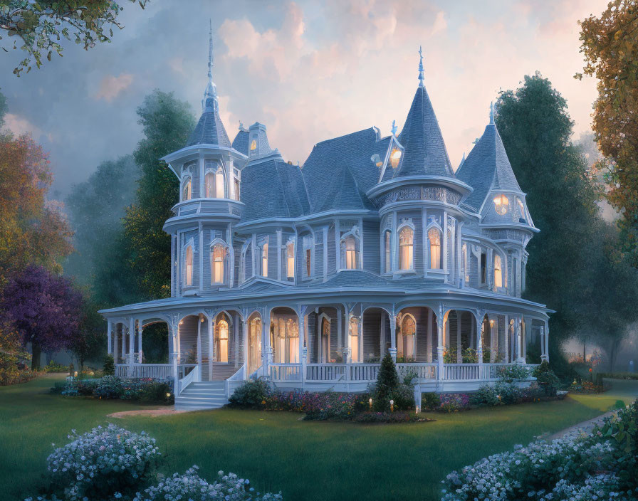 Victorian-style mansion with turrets and wraparound porch in twilight setting