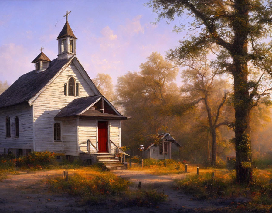 White Wooden Church with Red Door in Forest Clearing & Bell Tower