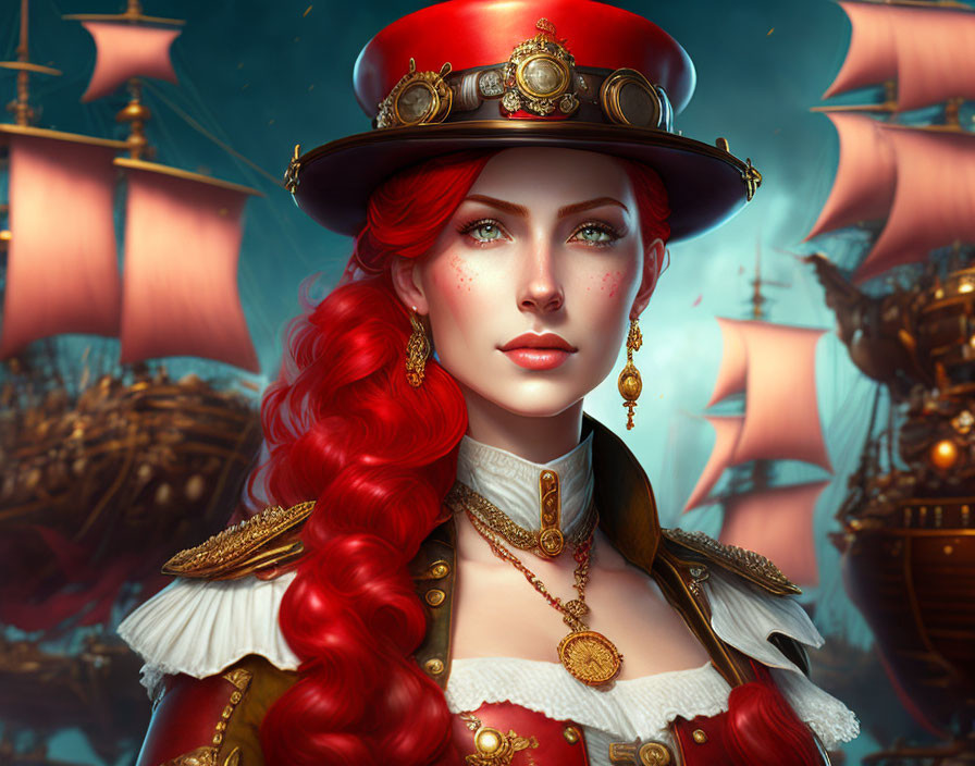 Digital Artwork: Red-Haired Woman in Admiral's Uniform with Ships