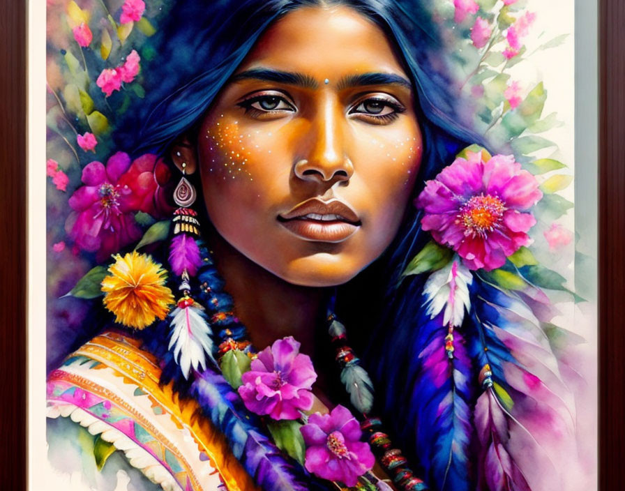 Vibrant blue portrait of a woman with floral and feather accents