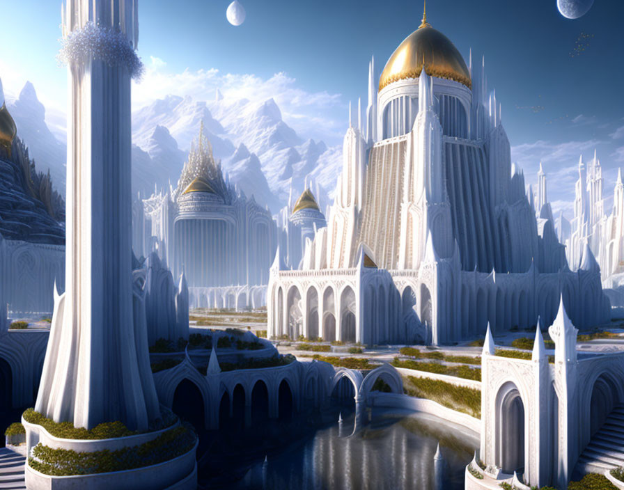 Majestic golden-domed city with elegant bridges and icy mountains