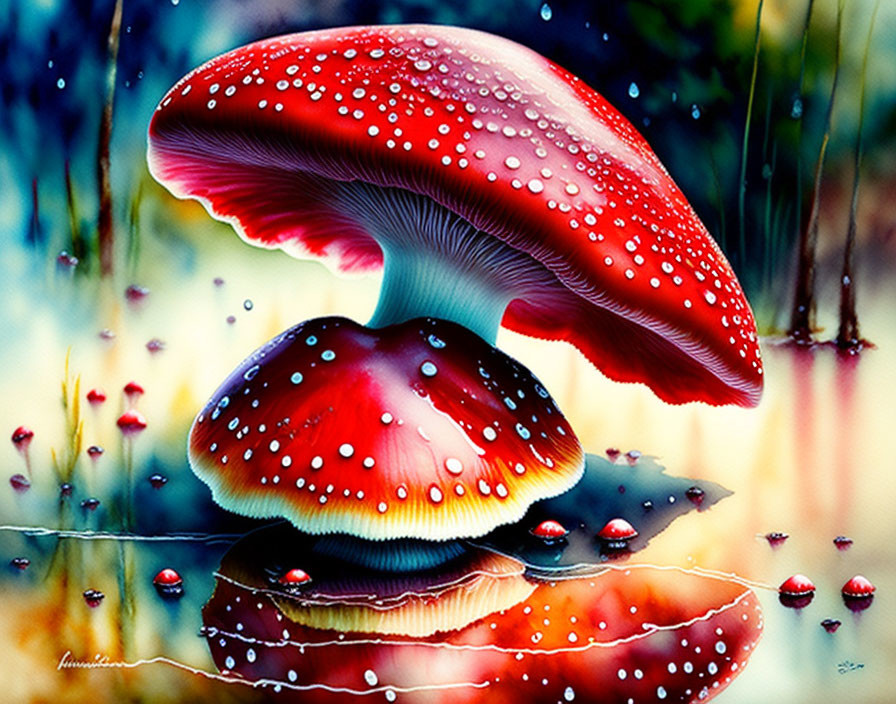 Colorful red mushrooms with white spots in mystical landscape