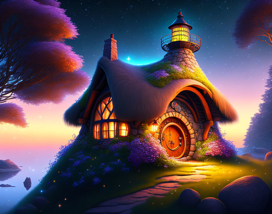 Digital illustration: Cozy cottage with lighthouse, lush flora, starry twilight.