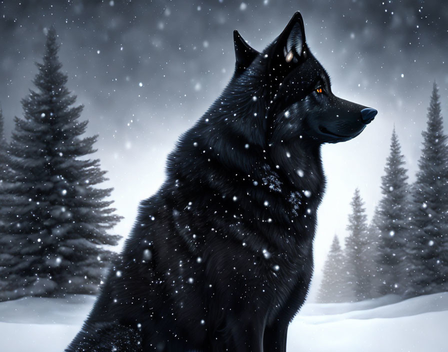 Black wolf in snowy night landscape with falling snowflakes & evergreen trees