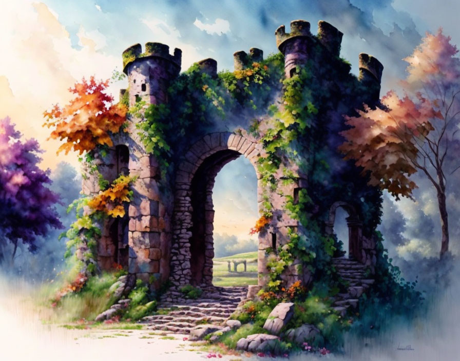 Vibrant watercolor painting: old stone archway, castle ruins, autumn foliage, cloudy sky