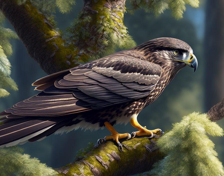 Majestic eagle perched on branch in lush green forest