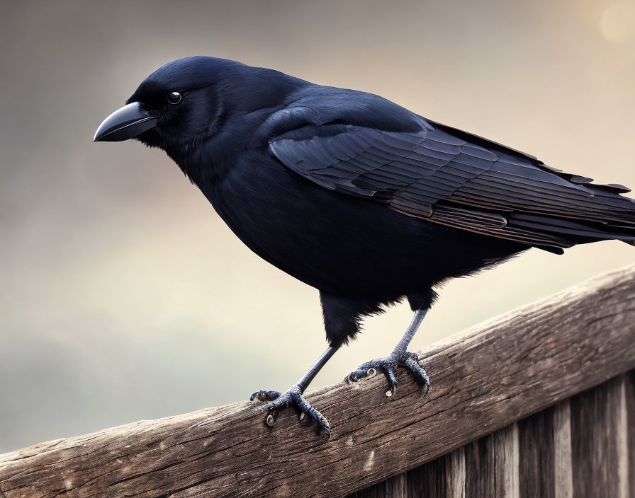 Shimmering black crow perched on wooden beam against soft-focus backdrop