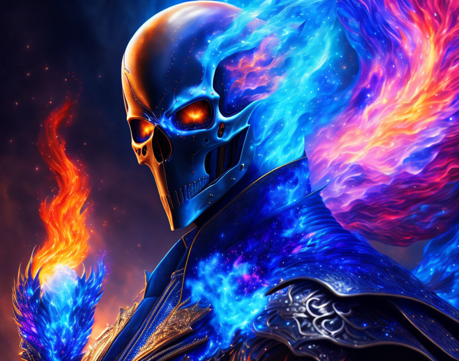 Metallic skull with glowing eyes in cosmic flames and nebulae.