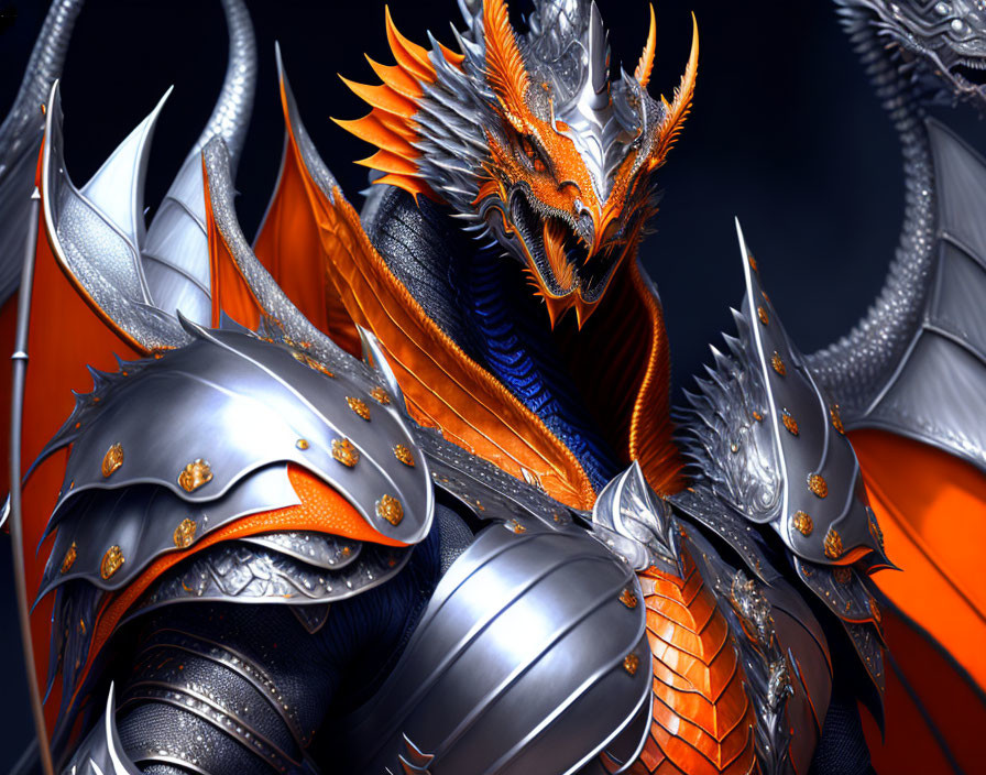 Armored warrior with dragon helmet and pauldrons on orange backdrop