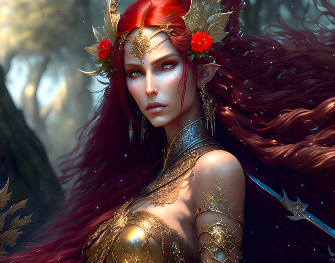 Majestic fantasy queen in golden armor with red flowers and mystical crown