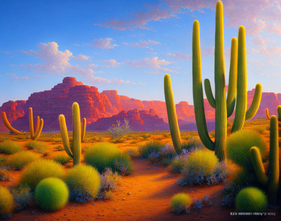 Vibrant desert landscape with tall cacti and rock formations at sunset