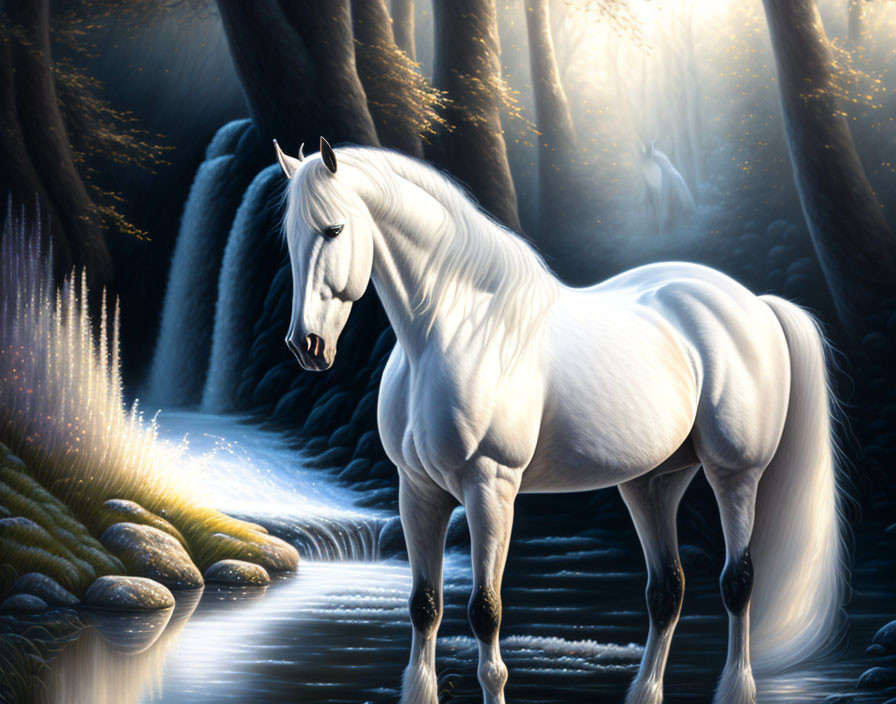 White horse by stream in enchanted forest with ethereal light.