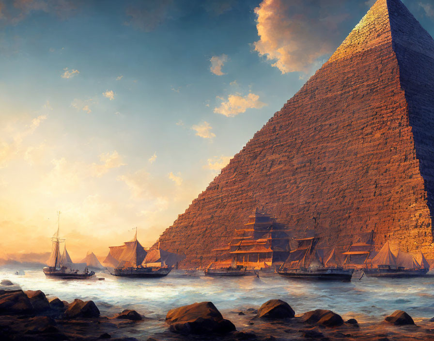 Majestic pyramid by river with sailboats at golden sunset