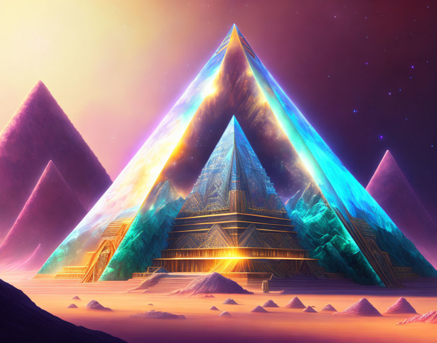 Colorful neon futuristic pyramid beside traditional pyramids at dusk