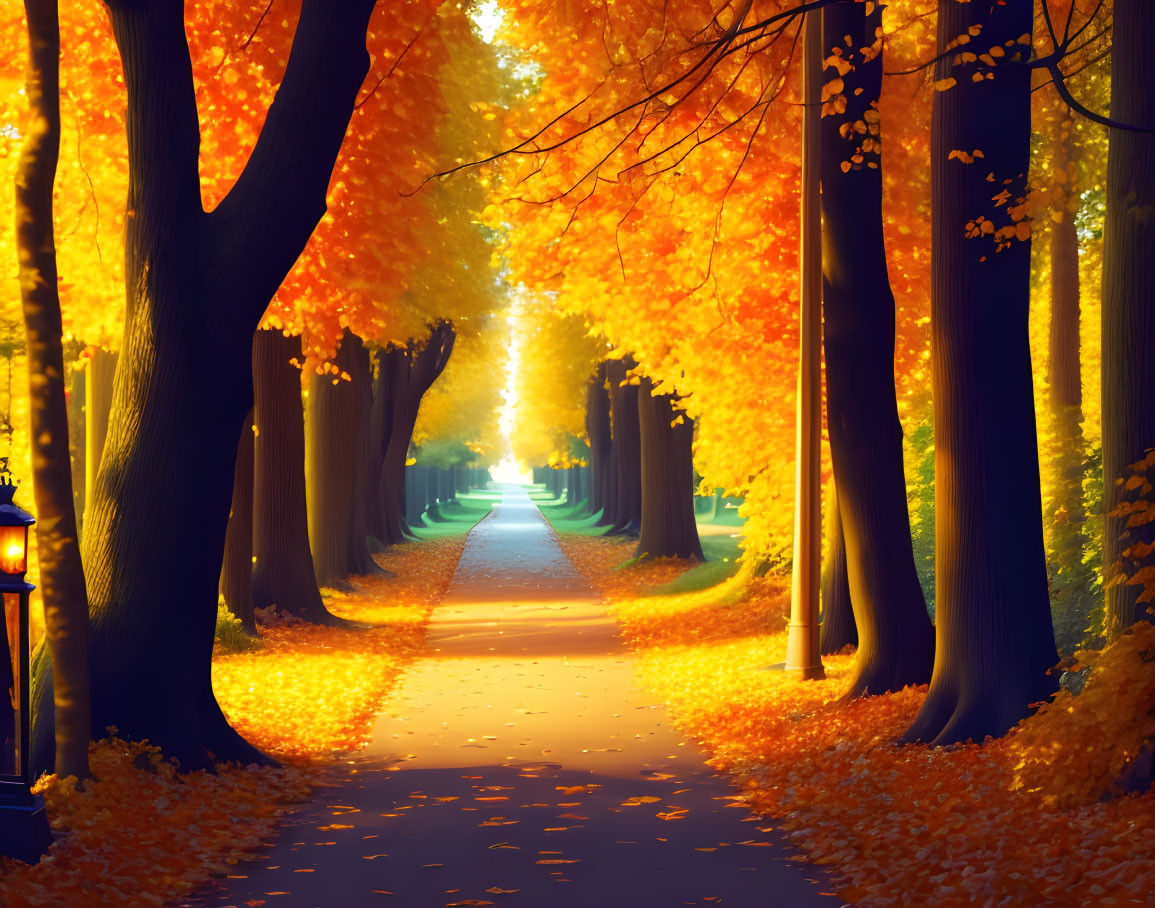 Tranquil Autumn Path with Trees and Streetlamp at Sunset