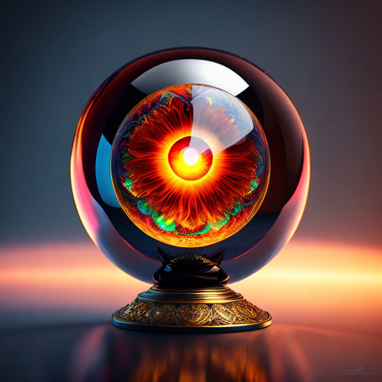 Shiny crystal ball on stand reflecting fiery eye illusion