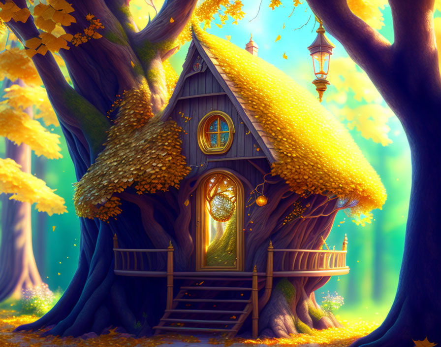 Cozy Thatched-Roof Treehouse Illustration in Autumn Forest