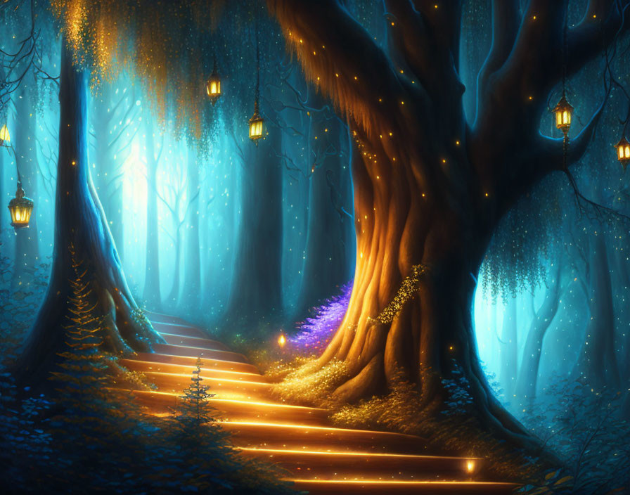 Enchanted forest path with glowing lanterns and large tree entrance