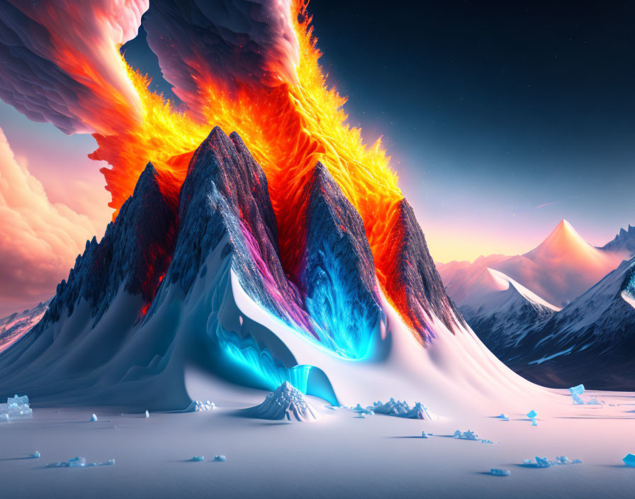 Digital Art: Volcanic Eruption in Snowy Landscape at Twilight