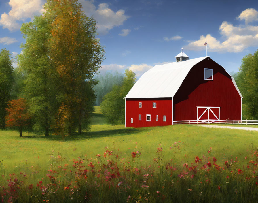 Red barn surrounded by wildflowers and trees in scenic landscape.