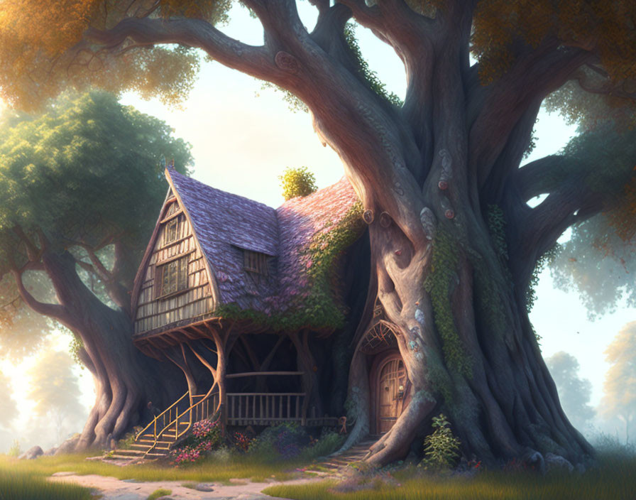 Enchanting illustration: Quaint cottage in ancient tree forest