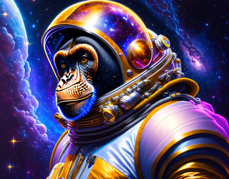 Colorful gorilla in astronaut suit against starry space backdrop