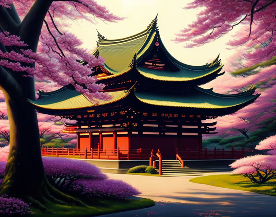 Traditional Japanese pagoda with cherry blossoms and lush purple shrubbery