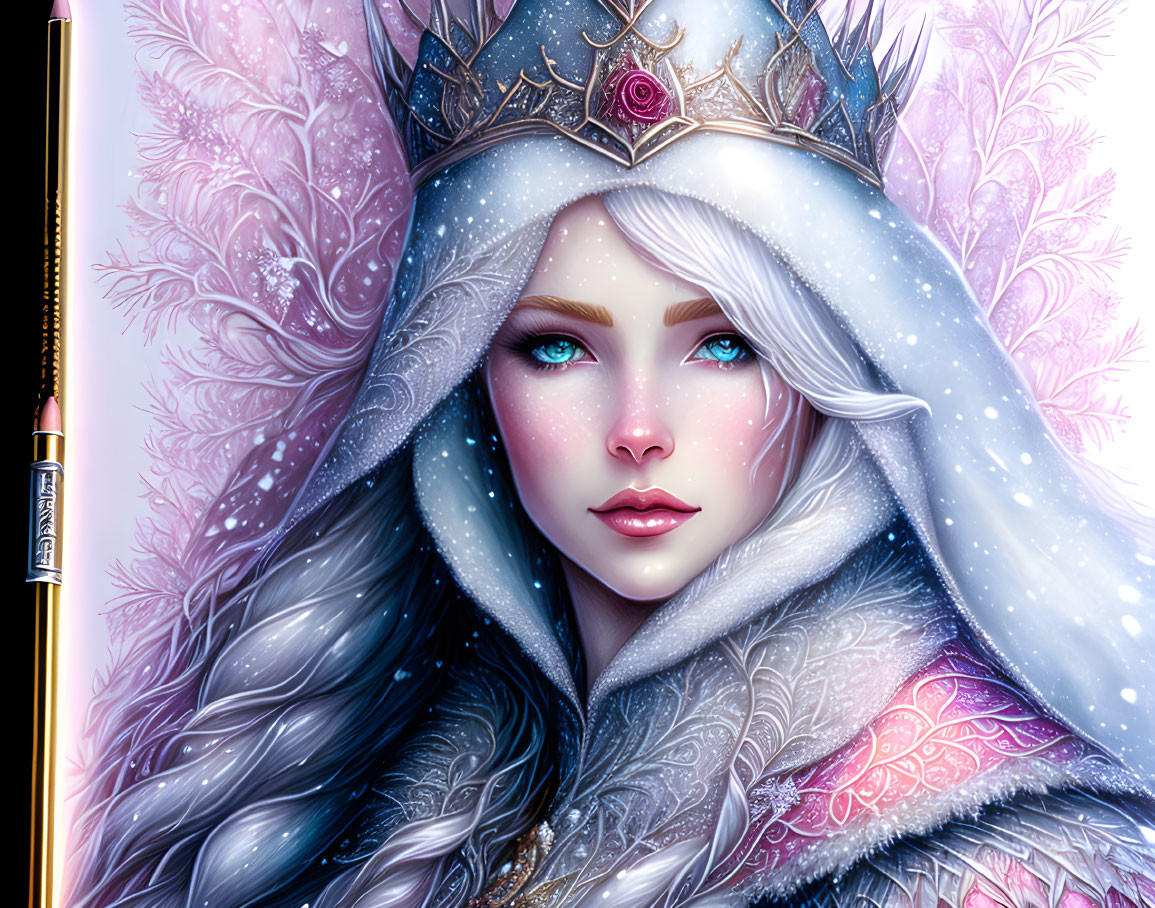 Woman with Blue Eyes in White Cloak & Crown on Frosty Background