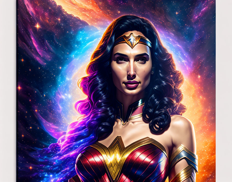 Female superhero with dark hair in golden tiara, red & gold armor, against starry cosmos.