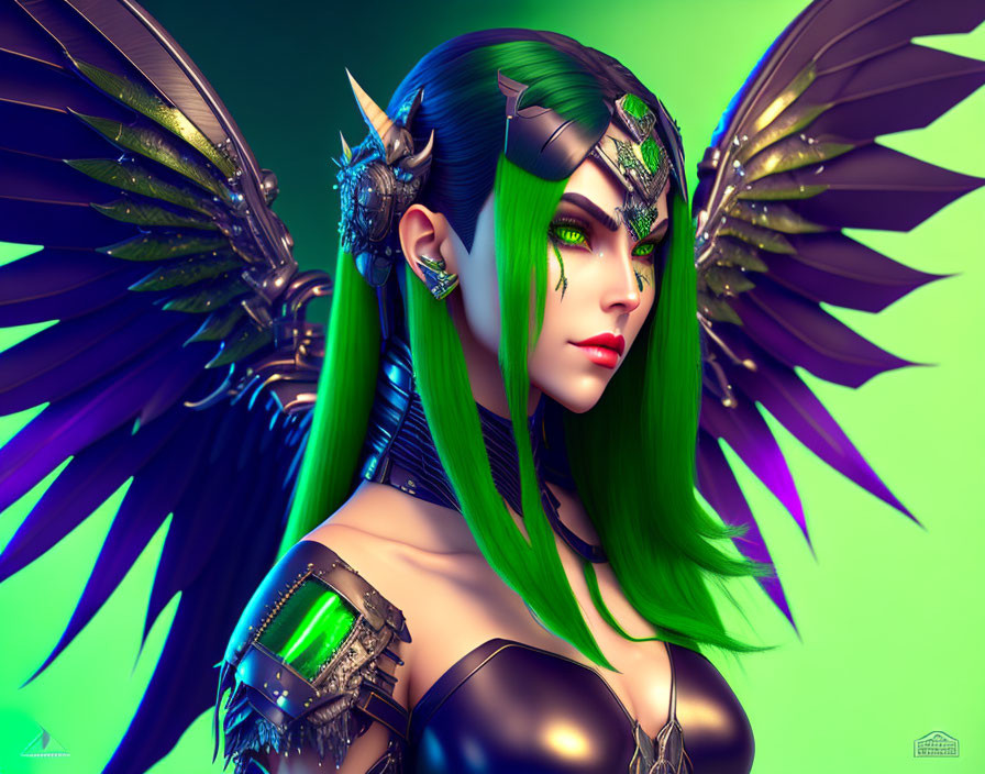 Digital artwork featuring female character with green hair, elf-like ears, metallic headgear, and black wings