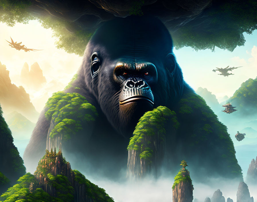 Illustration of giant skull-faced gorilla in misty mountain landscape