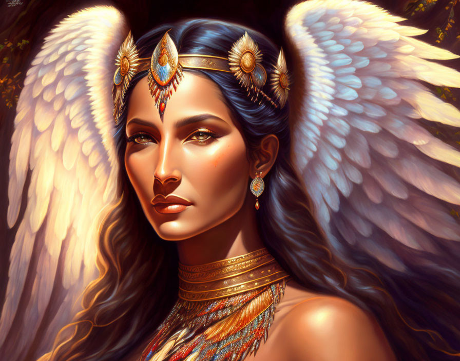 Digital Artwork: Woman with Angelic Wings and Gold & Blue Jewelry