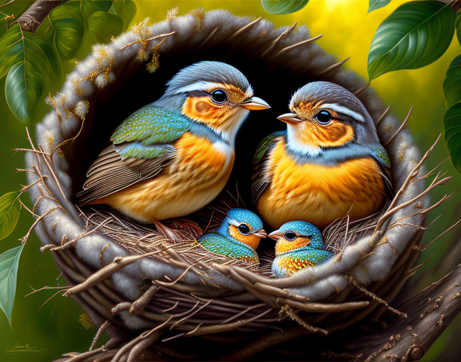 Colorful feathered birds in round twig nest with chicks and green leaves