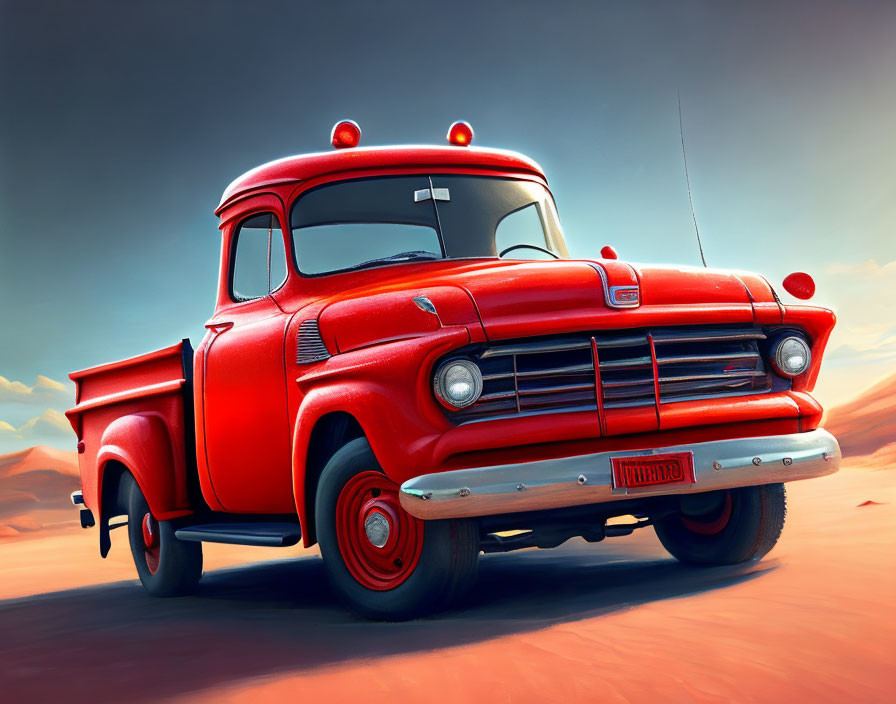 Colorful illustration: Red pickup truck with eyes in desert setting