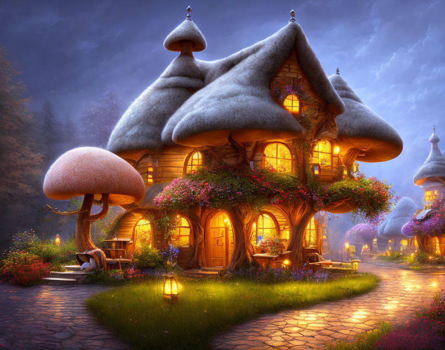 Thatched roof fairy-tale cottage in lush garden with oversized mushrooms