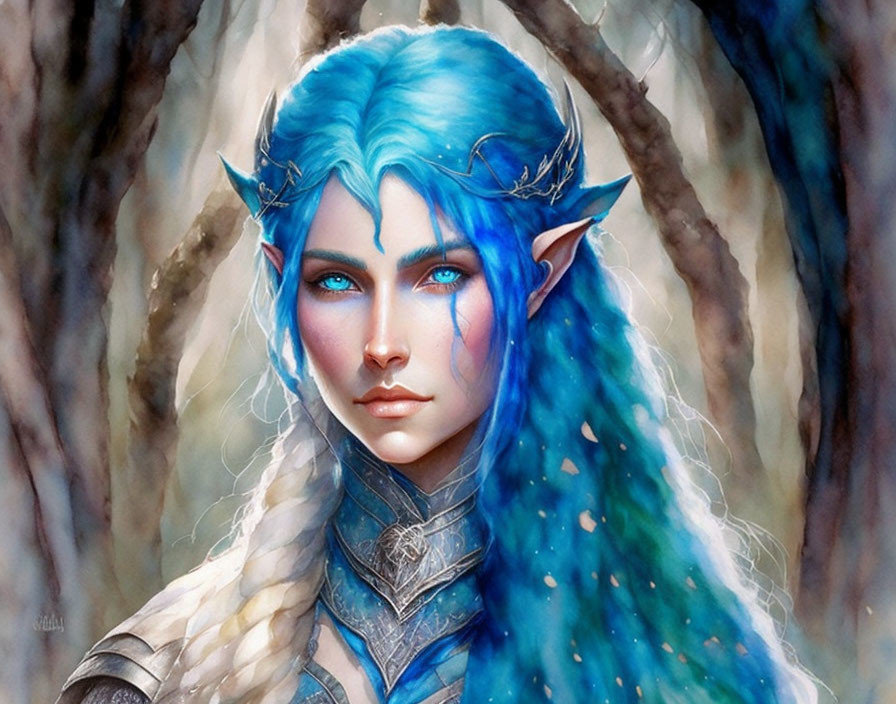 Fantasy elf portrait in silver armor with blue hair