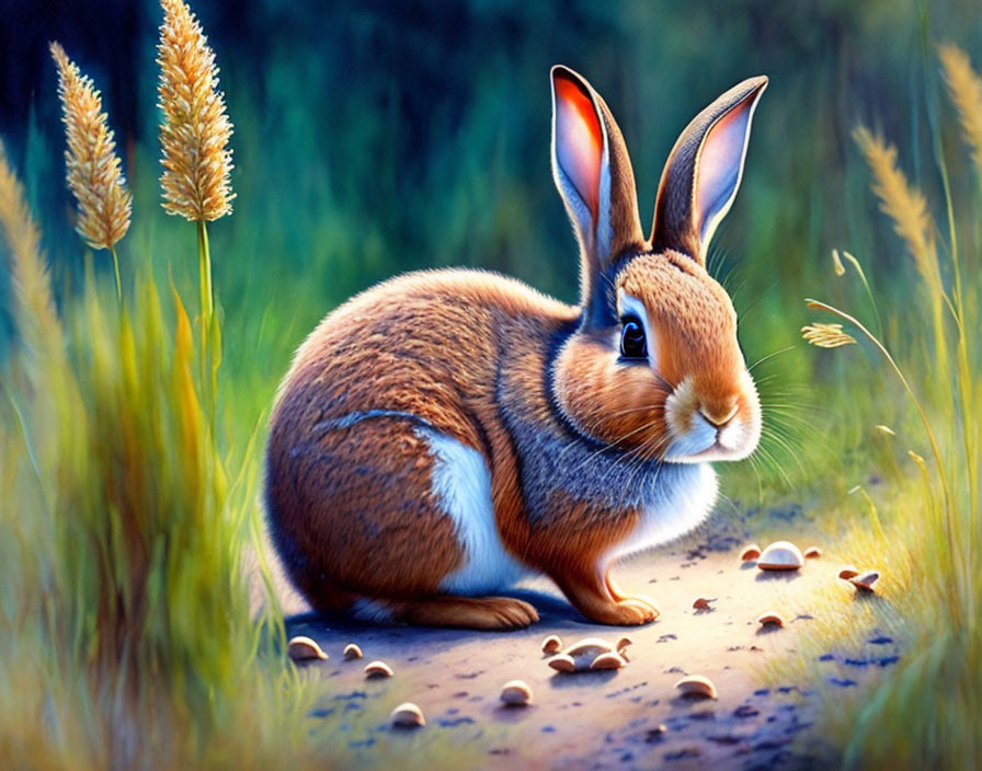 Brown and white rabbit in grassy field with wheat stalks and pebbles under soft blue light