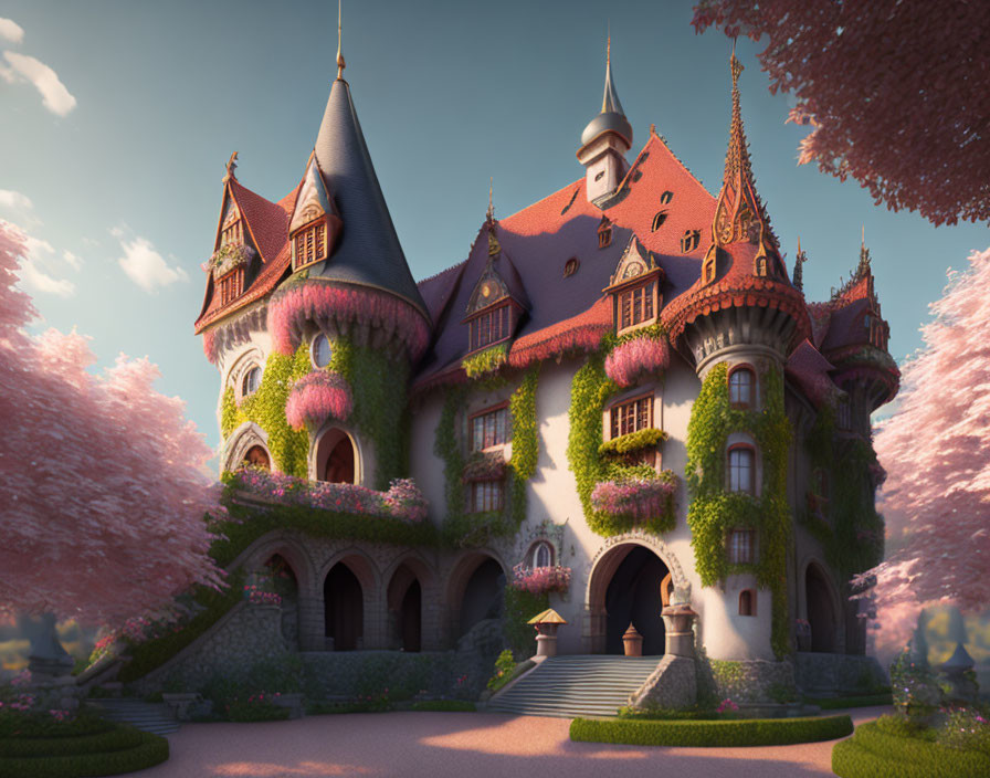 Ivy-covered fairy-tale castle with pink blooming trees