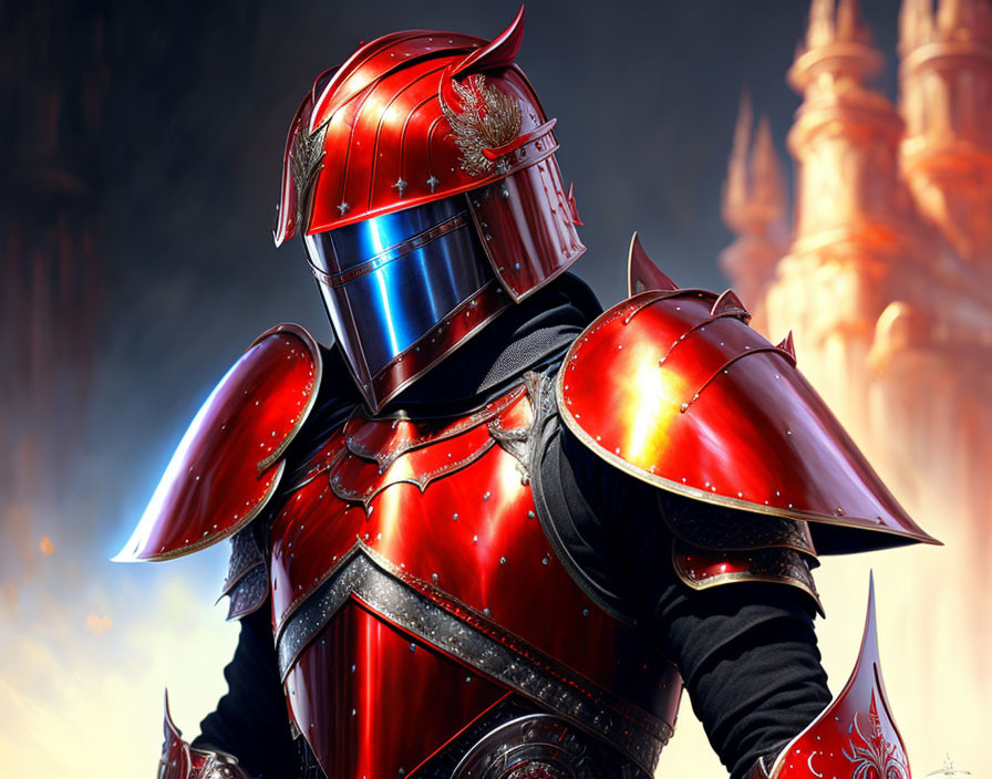 Knight in Red Armor Posed Against Castle Backdrop