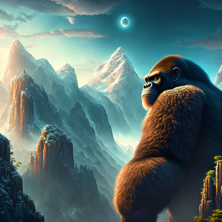 Majestic gorilla in fantastical mountain landscape