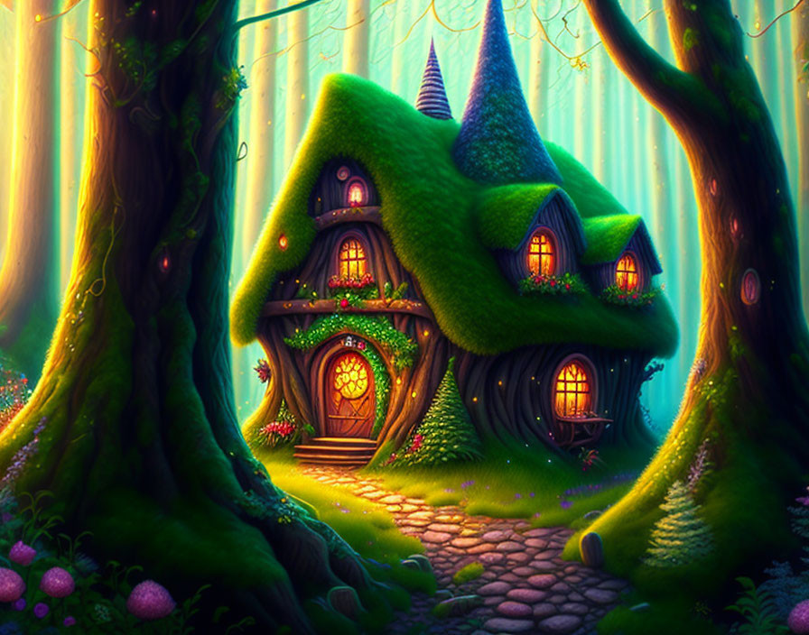 Enchanting forest with tall trees and moss-covered cottage