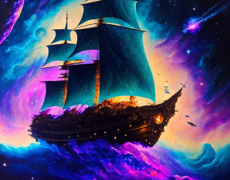 Sailing ship in vibrant cosmic sky with nebulae.