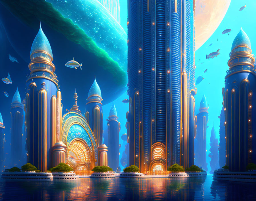 Futuristic cityscape with skyscrapers, floating vehicles, and giant planet.