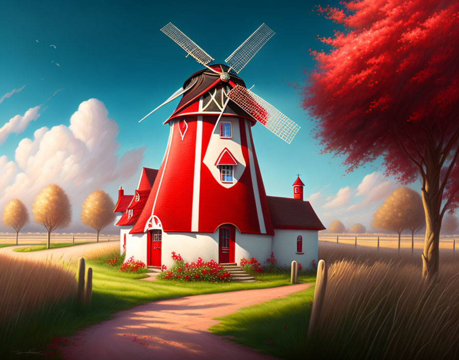 Colorful Illustration of Red Windmill House in Greenery