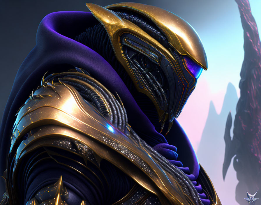 Detailed 3D rendering: Futuristic character in golden armor, blue cloak, alien landscape