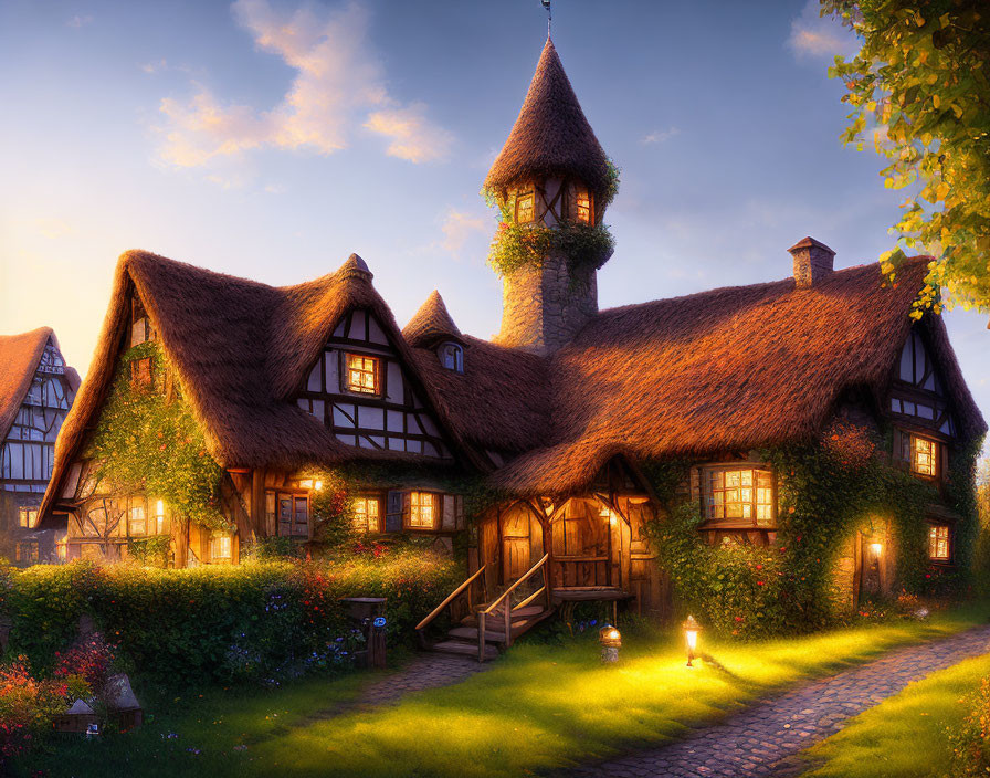 Thatched-Roof Cottage with Towering Spire and Golden Sunset Garden