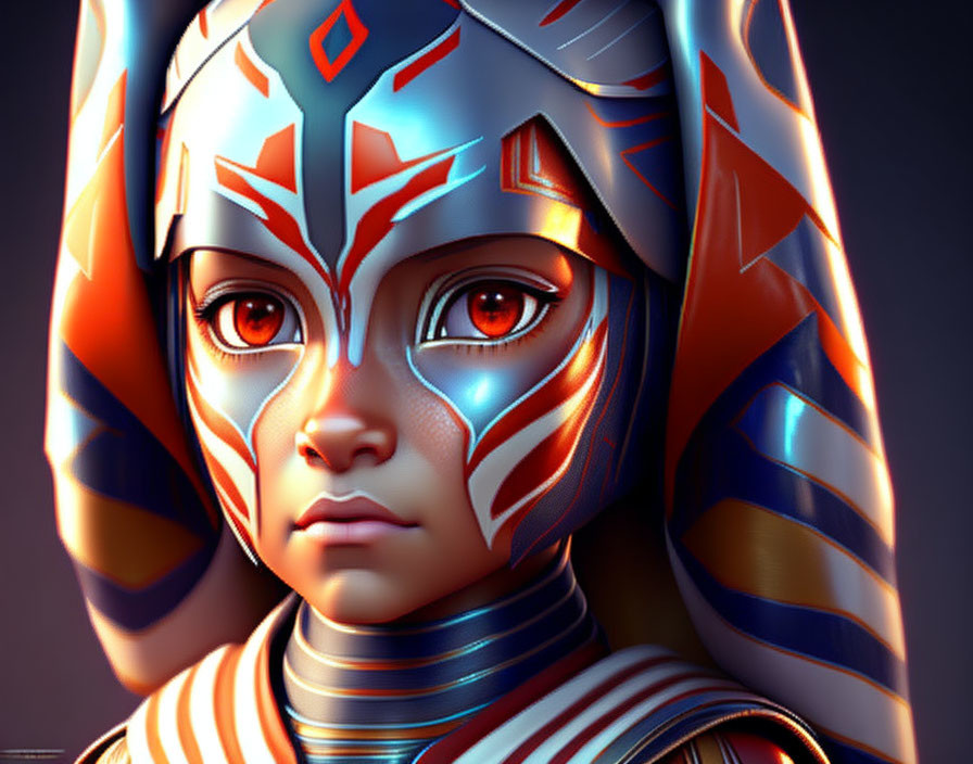 Detailed face paint and colorful helmet-like head covering on character.