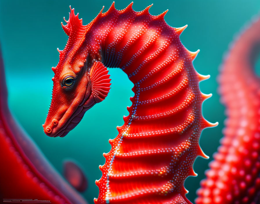 Vibrant red seahorse with intricate fins on turquoise background