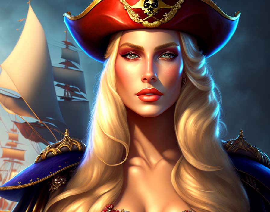 Digital illustration of woman as pirate captain with tricorne hat & ship in background