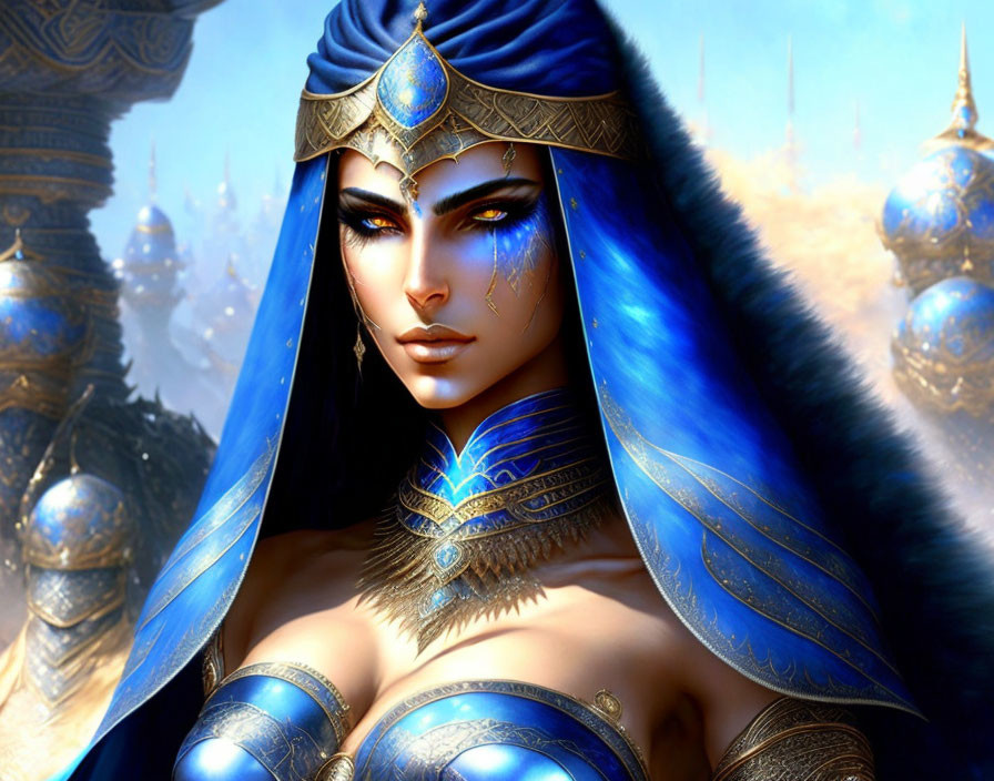 Blue-skinned woman in gold and blue fantasy attire